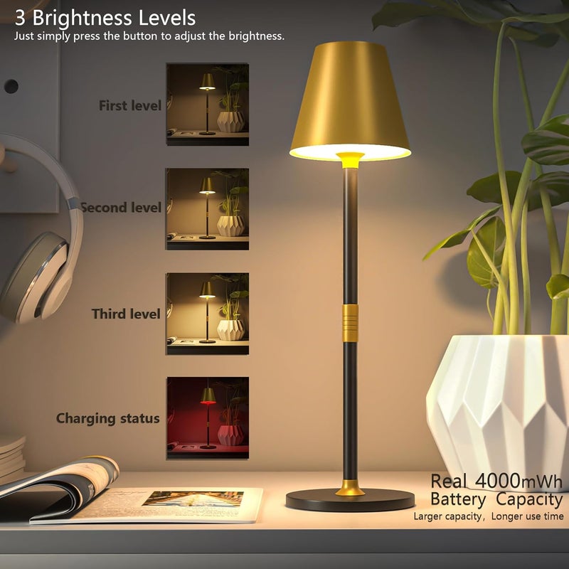 Timjorman Modern LED CordlessTable Lamp,4000mAh Rechargeable Battery Desk lamp,3 Level Brightness Kitchen Light, Portable,Minimalist Design, for Couple Dinner/Coffee Table/Restaurant/Bedroom(Gold&Black 2pack) - Image 2